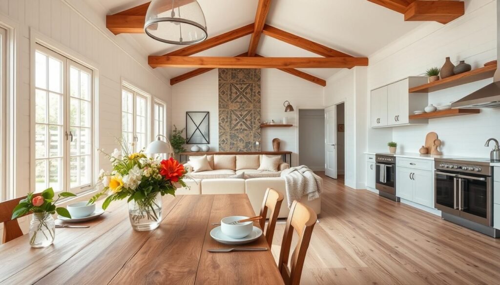 A beautifully styled contemporary farmhouse interior showcasing key design elements. In the foreground, a rustic wooden dining table is adorned with fresh flowers and elegant table settings. The middle showcases a spacious living area with a cozy sofa, warm neutral-toned cushions, and an inviting woolen throw. Large windows flood the space with natural light, highlighting the exposed wood beams and soft shiplap walls. Subtle decorative touches like potted greenery and vintage-inspired accents create a welcoming atmosphere. In the background, a modern kitchen features sleek white cabinetry, open shelving with pottery, and stainless-steel appliances, blending functionality with farmhouse charm. The scene captures a warm, inviting mood, emphasizing a harmonious blend of contemporary and rustic elements with soft, diffused lighting for a serene ambiance. A beautifully styled contemporary farmhouse interior showcasing key design elements. In the foreground, a rustic wooden dining table is adorned with fresh flowers and elegant table settings. The middle showcases a spacious living area with a cozy sofa, warm neutral-toned cushions, and an inviting woolen throw. Large windows flood the space with natural light, highlighting the exposed wood beams and soft shiplap walls. Subtle decorative touches like potted greenery and vintage-inspired accents create a welcoming atmosphere. In the background, a modern kitchen features sleek white cabinetry, open shelving with pottery, and stainless-steel appliances, blending functionality with farmhouse charm. The scene captures a warm, inviting mood, emphasizing a harmonious blend of contemporary and rustic elements with soft, diffused lighting for a serene ambiance.