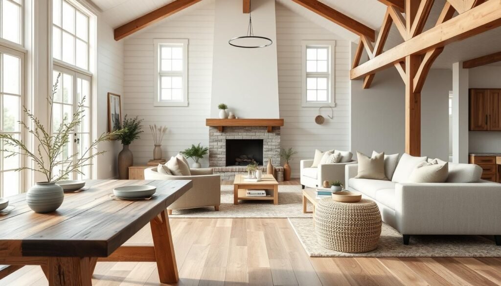 A beautifully styled modern farmhouse interior featuring key design elements such as a cozy open-plan living space. In the foreground, a rustic wooden dining table adorned with fresh decorative greenery and simple textured tableware. The middle showcases a warm and inviting living area with a plush sectional sofa, layered with neutral-toned cushions, and a large area rug. A stunning farmhouse-style fireplace acts as a focal point. In the background, tall windows let in soft, natural light, illuminating the space and revealing exposed wooden beams and white shiplap walls, enhancing the airy atmosphere. The overall mood is relaxed and welcoming, with an emphasis on organic textures and subtle color palettes, captured in a soft, natural light setting to evoke a sense of comfort and style.