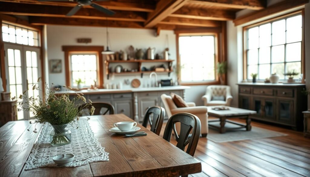 A beautifully styled modern farmhouse interior showcasing vintage accents. In the foreground, a rustic wooden dining table adorned with a delicate lace runner, vintage tableware, and a bouquet of freshly picked wildflowers. The middle features an open kitchen with exposed wooden beams, a farmhouse sink, and antique utensils displayed on a vintage shelf, merging old-world charm with contemporary functionality. In the background, large windows allow soft, natural light to flood the space, illuminating a cozy sitting area with a vintage armchair and a reclaimed wood coffee table. The atmosphere is warm and inviting, embodying a harmonious blend of traditional and modern design elements, evoking nostalgia while maintaining a chic, contemporary feel. A beautifully styled modern farmhouse interior showcasing vintage accents. In the foreground, a rustic wooden dining table adorned with a delicate lace runner, vintage tableware, and a bouquet of freshly picked wildflowers. The middle features an open kitchen with exposed wooden beams, a farmhouse sink, and antique utensils displayed on a vintage shelf, merging old-world charm with contemporary functionality. In the background, large windows allow soft, natural light to flood the space, illuminating a cozy sitting area with a vintage armchair and a reclaimed wood coffee table. The atmosphere is warm and inviting, embodying a harmonious blend of traditional and modern design elements, evoking nostalgia while maintaining a chic, contemporary feel.