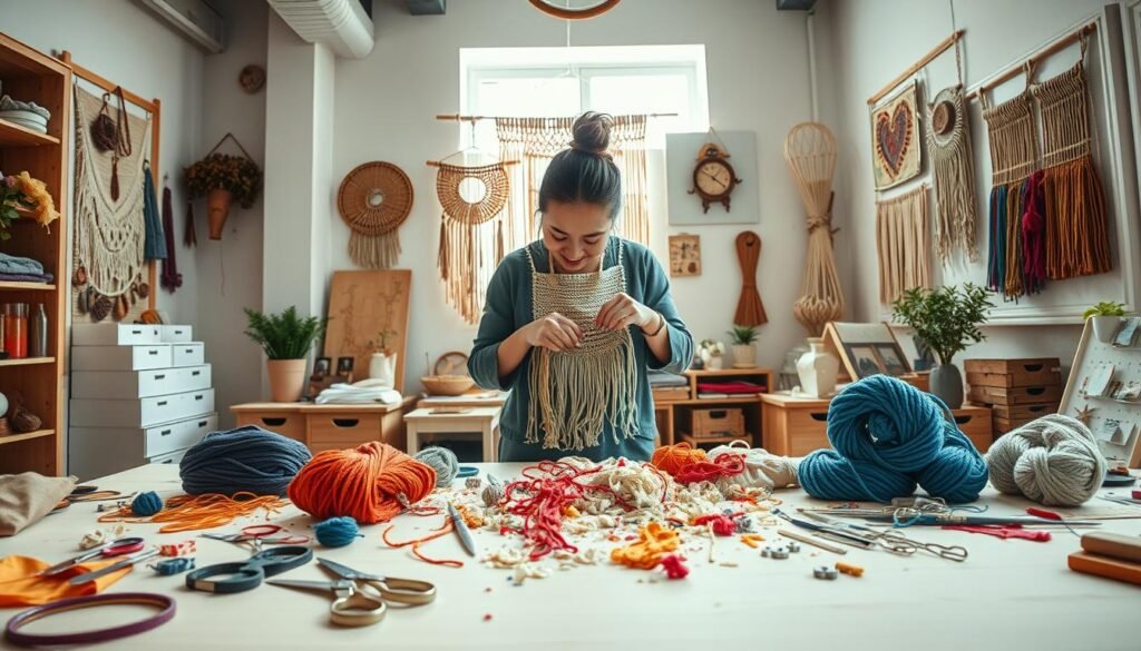 A bright, inviting workspace filled with natural light showcases the DIY wall hanging creation process. In the foreground, a table is adorned with colorful yarn, scissors, and assorted crafting tools, illustrating the meticulous steps of making a handmade wall hanging. In the middle, a person wearing a comfortable yet professional outfit is thoughtfully arranging materials, concentrating on a woven tapestry design. Their hands are skillfully tying knots, and fragments of fabric are scattered around, reflecting the creative journey. In the background, wall-mounted displays hint at finished artworks and further inspiration. The atmosphere is warm and artistic, evoking a sense of joy and creativity, captured with soft, diffused lighting through a large window. The angle is slightly above the table, providing a clear view of the process while maintaining an intimate feel.