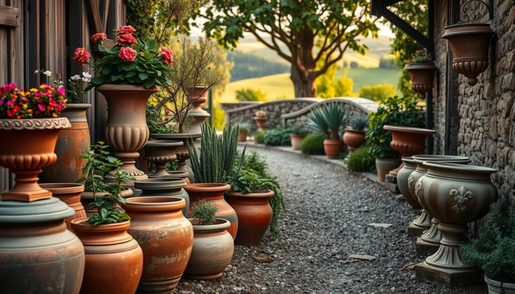 A charming rustic garden scene featuring an assortment of weathered garden pots and ornate urns, showcasing various textures like aged terracotta, distressed wood, and patinaed metal. In the foreground, a collection of uniquely shaped pots, some filled with vibrant flowering plants, cast soft shadows on the ground. The middle ground reveals a gently winding gravel path bordered by lush greenery and thriving herbs, leading towards a beautifully crafted stone wall. In the background, a soft-focus countryside landscape with rolling hills under a warm, golden hour light gives a serene vibe. The overall atmosphere is inviting and tranquil, evoking a sense of timeless French country charm. Use a naturalistic lens with a shallow depth of field to emphasize the foreground details.