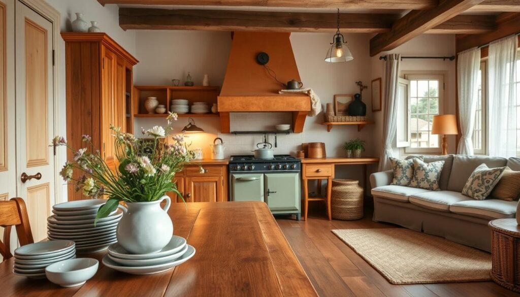 A cozy French Country cottage kitchen and living space, featuring warm wooden cabinetry and rustic accents. In the foreground, a large wooden dining table with neatly arranged ceramic dishes and a vase of fresh wildflowers. In the middle, an inviting kitchen area showcasing a vintage stove, open shelving with neatly stacked cookware, and warm, diffused lighting coming from wrought iron fixtures. The background includes a comfortable living area with a plush sofa, patterned throw pillows, and a soft area rug, all bathed in soft, natural light from a nearby window adorned with sheer curtains. The atmosphere is one of simple elegance and comfort, evoking a sense of tranquility and homeliness. Capture this scene from a slightly elevated angle to provide a full view of the layout.
