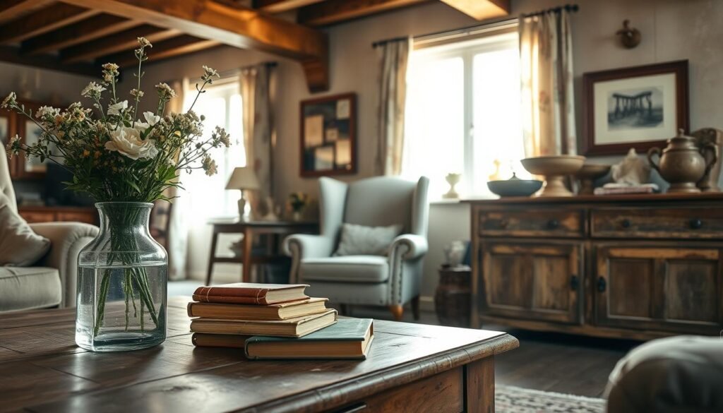 A cozy French country cottage interior featuring vintage furniture and unique accents. In the foreground, a distressed wooden coffee table topped with a vintage glass vase filled with fresh wildflowers and a stack of aged books. In the middle, a beautifully upholstered wingback chair in soft, muted colors, alongside a rustic wooden sideboard adorned with antique decor items like a ceramic bowl and a framed vintage photograph. The background reveals a softly lit room with exposed wooden beams, floral curtains, and a large window that lets in warm, golden sunlight, enhancing the inviting atmosphere. The scene captures a serene elegance, inviting warmth, and a touch of nostalgia, with a harmonious blend of textures and colors. Soft, natural lighting casts gentle shadows, emphasizing the charming details of the decor.