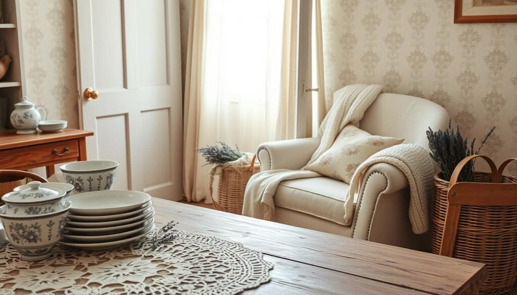 A cozy French country cottage interior filled with timeless patterns and textiles. In the foreground, a rustic wooden table adorned with a delicate lace tablecloth and patterned ceramic dishes. The middle features a vintage upholstered armchair covered in soft floral fabric, with a knitted throw draped over the arm. A woven basket filled with dried lavender sits on the floor. In the background, light streams through sheer linen curtains, illuminating patterned wallpaper with subtle pastel designs. The scene evokes a warm, inviting atmosphere, emphasizing simplicity and elegance, with soft natural light highlighting the textures of fabrics and materials. Use a warm color palette to enhance the cozy vibe, shot at eye level to capture the intimate details of the decor.
