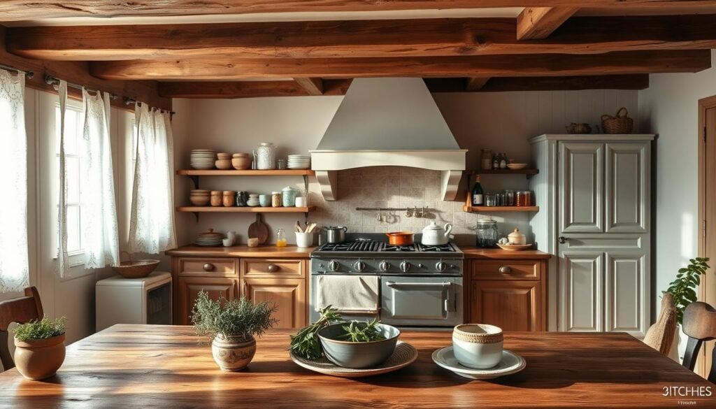 A cozy French country kitchen design featuring rustic wooden beams and soft, warm lighting that creates an inviting atmosphere. In the foreground, a large wooden dining table is set with vintage crockery and fresh herbs in handcrafted pottery. The middle section displays a well-worn farmhouse sink surrounded by open shelves filled with colorful dishware and jars of homemade preserves. In the background, a charming range hood above a vintage stove complements the muted pastel colors of the walls. Soft sunlight filters through lace curtains, casting gentle shadows that enhance the serene and homely feel of the kitchen. The overall mood is one of warmth and nostalgia, embodying the essence of French country living.