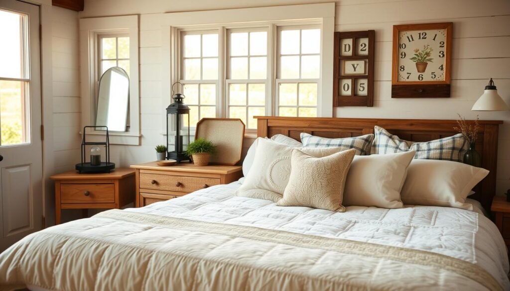 A cozy, budget-friendly farmhouse bedroom makeover featuring a fresh and inviting atmosphere. In the foreground, display a beautifully made bed with a soft, light-colored quilt and an assortment of plush pillows, accented with natural wood elements like a headboard and bedside tables. The middle layer showcases vintage decor items such as a rustic lantern and a small potted plant, alongside DIY art made from reclaimed materials. The background includes whitewashed walls and large windows letting in warm, golden sunlight, enhancing the inviting mood. The scene captures a peaceful, lived-in vibe, perfect for relaxation. The angle is slightly elevated, capturing the entire room with a focus on the harmonious farmhouse design. A cozy, budget-friendly farmhouse bedroom makeover featuring a fresh and inviting atmosphere. In the foreground, display a beautifully made bed with a soft, light-colored quilt and an assortment of plush pillows, accented with natural wood elements like a headboard and bedside tables. The middle layer showcases vintage decor items such as a rustic lantern and a small potted plant, alongside DIY art made from reclaimed materials. The background includes whitewashed walls and large windows letting in warm, golden sunlight, enhancing the inviting mood. The scene captures a peaceful, lived-in vibe, perfect for relaxation. The angle is slightly elevated, capturing the entire room with a focus on the harmonious farmhouse design.