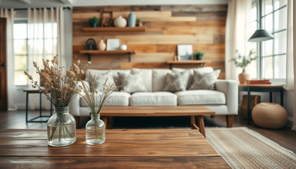 A cozy contemporary farmhouse living room featuring a combination of rustic and modern decor elements. In the foreground, include a vintage wooden coffee table adorned with a simple bouquet of wildflowers in a glass vase. The middle section displays a plush cream-colored sofa with patterned throw pillows, a stylish woven rug beneath it, and a reclaimed wood accent wall adorned with floating shelves displaying decorative items. The background showcases large windows with sheer curtains, letting in soft, natural light that enhances the warm, inviting atmosphere. The scene should evoke a sense of comfort and creativity, captured with a soft focus to emphasize the tranquil mood, reminiscent of a serene rural retreat. A cozy contemporary farmhouse living room featuring a combination of rustic and modern decor elements. In the foreground, include a vintage wooden coffee table adorned with a simple bouquet of wildflowers in a glass vase. The middle section displays a plush cream-colored sofa with patterned throw pillows, a stylish woven rug beneath it, and a reclaimed wood accent wall adorned with floating shelves displaying decorative items. The background showcases large windows with sheer curtains, letting in soft, natural light that enhances the warm, inviting atmosphere. The scene should evoke a sense of comfort and creativity, captured with a soft focus to emphasize the tranquil mood, reminiscent of a serene rural retreat.