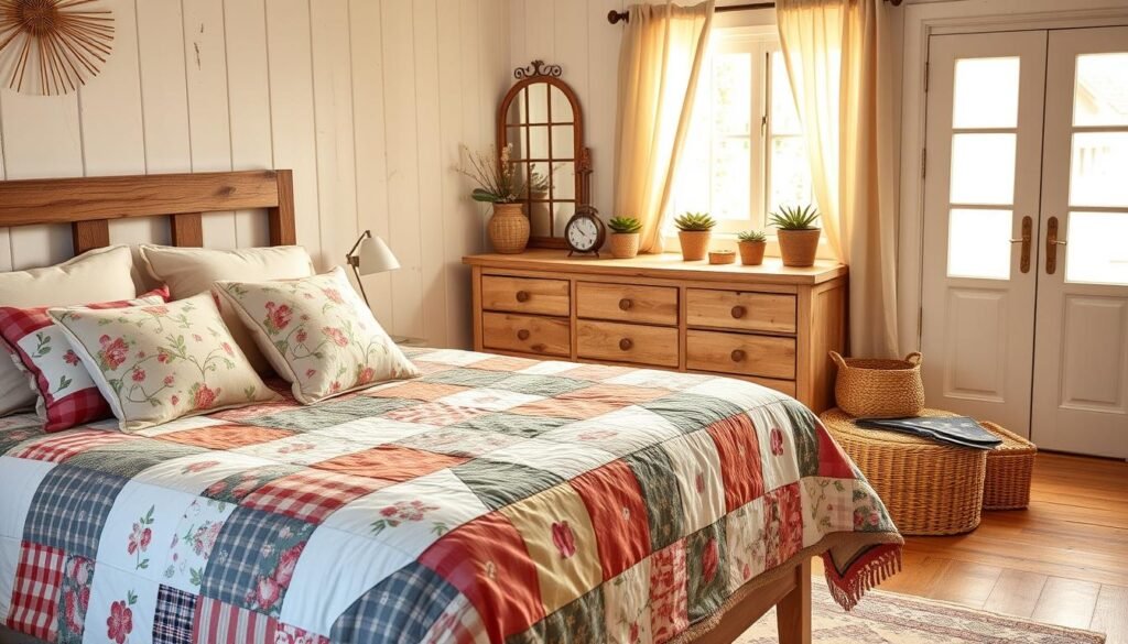 A cozy farmhouse bedroom featuring a harmonious blend of patterns and textures. In the foreground, a beautifully made bed with a patchwork quilt combining floral and checkered designs, accented by a collection of vibrant throw pillows. The middle ground showcases a rustic wooden dresser adorned with decorative items like a vintage alarm clock and potted succulents, alongside a woven basket for extra texture. In the background, a window draped with soft linen curtains allows warm, natural light to filter in, creating a serene atmosphere. A wooden floor with a patterned rug adds warmth underfoot. The scene is inviting and styled with a balance of modern comfort and rustic charm, evoking a peaceful, homey feel perfect for relaxation. A cozy farmhouse bedroom featuring a harmonious blend of patterns and textures. In the foreground, a beautifully made bed with a patchwork quilt combining floral and checkered designs, accented by a collection of vibrant throw pillows. The middle ground showcases a rustic wooden dresser adorned with decorative items like a vintage alarm clock and potted succulents, alongside a woven basket for extra texture. In the background, a window draped with soft linen curtains allows warm, natural light to filter in, creating a serene atmosphere. A wooden floor with a patterned rug adds warmth underfoot. The scene is inviting and styled with a balance of modern comfort and rustic charm, evoking a peaceful, homey feel perfect for relaxation.