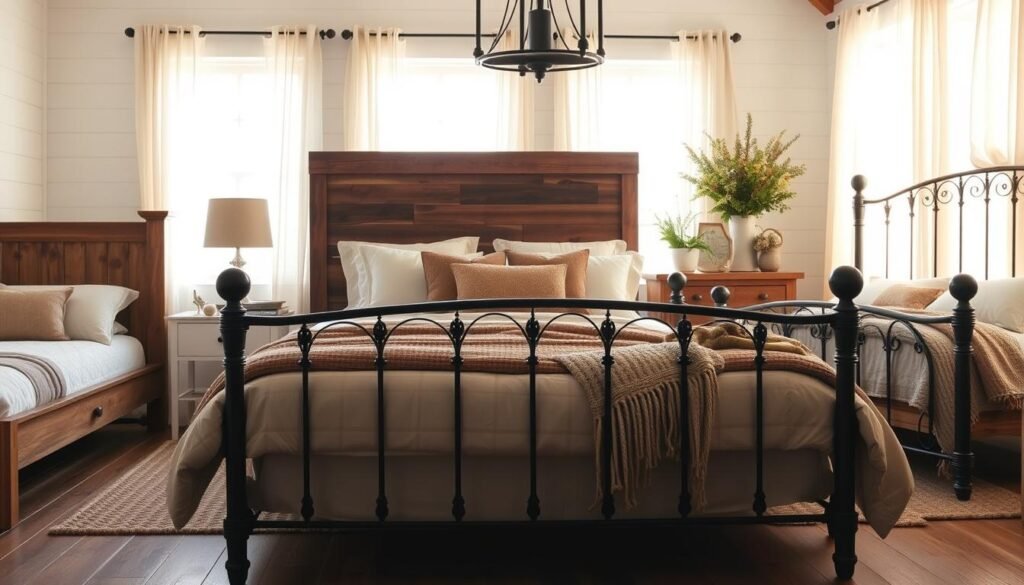 A cozy farmhouse bedroom scene featuring a variety of bed frame styles that embody rustic charm. In the foreground, showcase three distinct bed frames: a classic wooden frame with a headboard featuring reclaimed barn wood, a simple white-washed platform bed, and a wrought iron frame with intricate details. The middle ground includes soft, inviting bedding in muted earth tones, complemented by decorative pillows and a hand-knit throw. In the background, a softly lit window with sheer curtains allows natural light to filter in, casting warm, golden hues across the room. The atmosphere is serene and inviting, evoking a sense of comfort and tranquility typical of farmhouse decor. Use a wide-angle lens to capture the entire scene, focusing on the interplay of textures and natural materials. A cozy farmhouse bedroom scene featuring a variety of bed frame styles that embody rustic charm. In the foreground, showcase three distinct bed frames: a classic wooden frame with a headboard featuring reclaimed barn wood, a simple white-washed platform bed, and a wrought iron frame with intricate details. The middle ground includes soft, inviting bedding in muted earth tones, complemented by decorative pillows and a hand-knit throw. In the background, a softly lit window with sheer curtains allows natural light to filter in, casting warm, golden hues across the room. The atmosphere is serene and inviting, evoking a sense of comfort and tranquility typical of farmhouse decor. Use a wide-angle lens to capture the entire scene, focusing on the interplay of textures and natural materials.