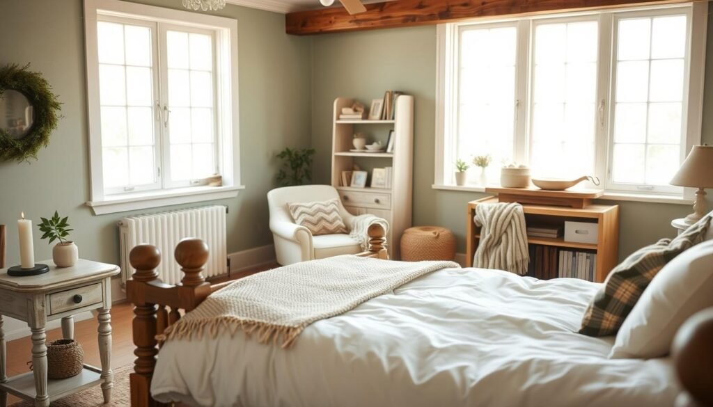 A cozy farmhouse bedroom scene, showcasing a harmonious color palette of soft whites, muted greens, and warm earthy tones. In the foreground, a rustic wooden bed with fluffy white linens and a woven throw blanket, accompanied by a vintage bedside table with a candle and a small potted plant. The middle ground features an inviting armchair draped with a knitted blanket and a bookshelf filled with curated decor items. In the background, large windows allow natural light to stream in, illuminating the space with a warm glow. The walls are painted a gentle sage green, complemented by wooden beams. The overall atmosphere is tranquil and inviting, perfect for a restful retreat, captured in soft focus through a lens with a warm filter. A cozy farmhouse bedroom scene, showcasing a harmonious color palette of soft whites, muted greens, and warm earthy tones. In the foreground, a rustic wooden bed with fluffy white linens and a woven throw blanket, accompanied by a vintage bedside table with a candle and a small potted plant. The middle ground features an inviting armchair draped with a knitted blanket and a bookshelf filled with curated decor items. In the background, large windows allow natural light to stream in, illuminating the space with a warm glow. The walls are painted a gentle sage green, complemented by wooden beams. The overall atmosphere is tranquil and inviting, perfect for a restful retreat, captured in soft focus through a lens with a warm filter.