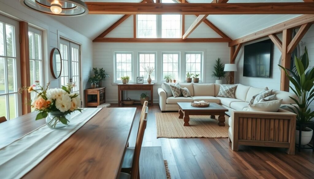 A cozy modern farmhouse interior, showcasing the essential characteristics of farmhouse style. In the foreground, a rustic wooden dining table adorned with soft, white linen and a centerpiece of fresh flowers. The middle features an inviting living area with a large, comfortable sectional sofa in neutral tones, complemented by patterned throw pillows, and an antique wooden coffee table. A warm, woven rug anchors the space. In the background, large windows allow natural light to flood in, highlighting exposed wooden beams and shiplap walls. Soft, natural color palette with hints of greenery from potted plants creates a serene atmosphere. Bright, warm lighting enhances the inviting mood, shot from a slightly elevated angle to capture the room's depth and character.