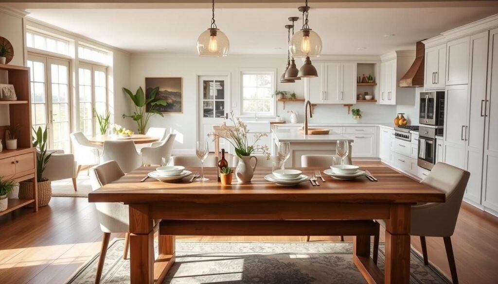 A cozy modern farmhouse kitchen seamlessly flows into a bright and inviting living space. In the foreground, a rustic wooden dining table is set with simple, elegant tableware, surrounded by comfortable, upholstered chairs. The middle features an open kitchen with white cabinetry, a large farmhouse sink, and a sleek island with pendant lighting adding warmth. A vintage-style rug adds texture beneath the dining area. In the background, large windows let in natural light, while greenery from potted plants enhances the fresh atmosphere. The scene captures a harmonious blend of contemporary design and rustic charm, showcasing strategies for maximizing both functionality and aesthetics in modern farmhouse interiors. Soft, warm lighting sets a welcoming mood, inviting viewers into this stylish living environment.