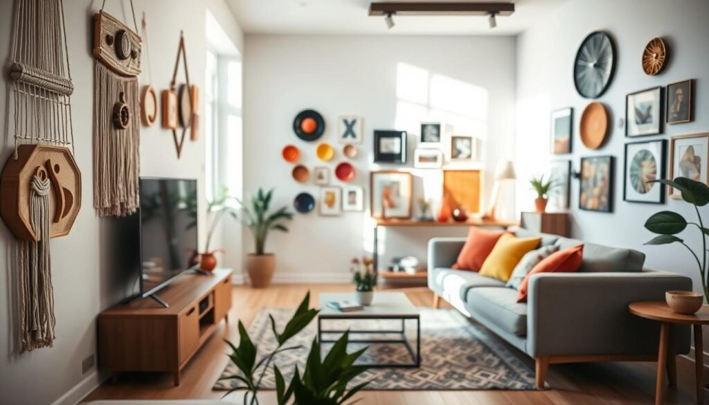 A cozy, stylish living room featuring creative wall decor ideas. In the foreground, there are handmade art pieces including macramé wall hangings, wooden geometric shapes, and vibrant ceramic plates displayed elegantly. In the middle ground, a sleek, contemporary sofa complements the decor with colorful throw pillows, and a small coffee table with a plant adds a touch of greenery. The background showcases a well-lit wall adorned with framed art and mixed media pieces, creating an inviting atmosphere. Soft, natural lighting streams through a nearby window, casting gentle shadows to enhance the textures and colors. Overall, the mood is inspiring and artistic, perfect for sparking ideas for customization in wall decor.