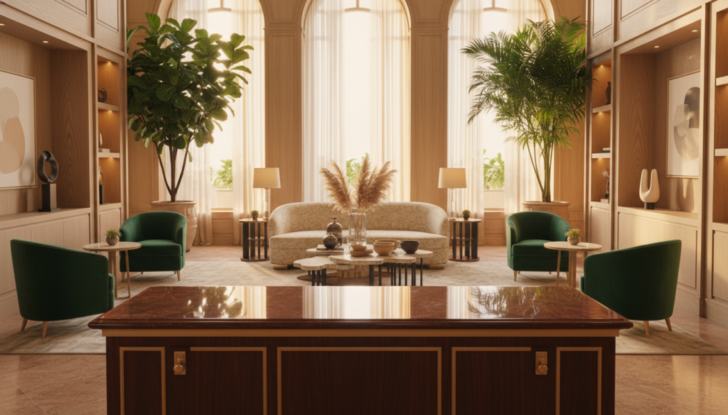 A luxurious hotel lobby featuring bespoke furniture designed for an unforgettable guest experience. In the foreground, a beautifully crafted reception desk made of polished dark wood, adorned with elegant brass fixtures. To the left, plush velvet armchairs in rich emerald green and gold accents invite guests to relax. The middle ground showcases a stylish seating area with a unique coffee table displaying artisanal decor. Behind, large windows allow soft, natural light to flood the space, highlighting the intricate designs of custom-made cabinetry and art pieces. The background reveals lush indoor plants, creating a serene atmosphere. The mood is sophisticated and welcoming, evoking a sense of comfort and luxury, shot with a warm tone lens at eye level to capture the detail and elegance of the furnishings.