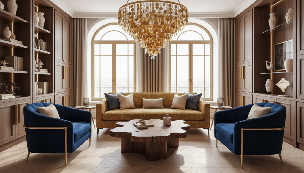 A luxurious interior showcasing bespoke furniture, featuring a lavish living room with a handcrafted wooden coffee table at the center, surrounded by elegantly upholstered armchairs and a plush sofa adorned with rich fabrics. The room is filled with natural light streaming through large windows, casting soft shadows. In the background, a statement chandelier complements the warm, inviting atmosphere, while bespoke cabinetry with intricate details lines the walls, showcasing artisanal craftsmanship. The color palette consists of deep blues and gold accents, creating a sophisticated ambiance. Capture the essence of refined luxury from a slightly elevated angle, emphasizing the harmonious design and exquisite materials.