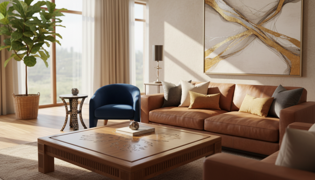A luxurious living room showcasing bespoke custom furniture that reflects investment value. In the foreground, a beautifully crafted wooden coffee table with intricate carvings and a high-quality leather sofa, elegantly arranged with plush throw pillows. In the middle, a stylish armchair and a unique side table with elegant details contribute to the sophisticated ambiance. The background features large windows allowing natural sunlight to pour in, illuminating the warm tones of the furniture. Soft shadows create a cozy, inviting atmosphere. The room is adorned with tasteful decor, such as a minimalist art piece on the wall and a lush indoor plant in the corner. Use warm lighting with a soft focus lens to enhance the luxurious feel, evoking a sense of timeless elegance and investment potential.