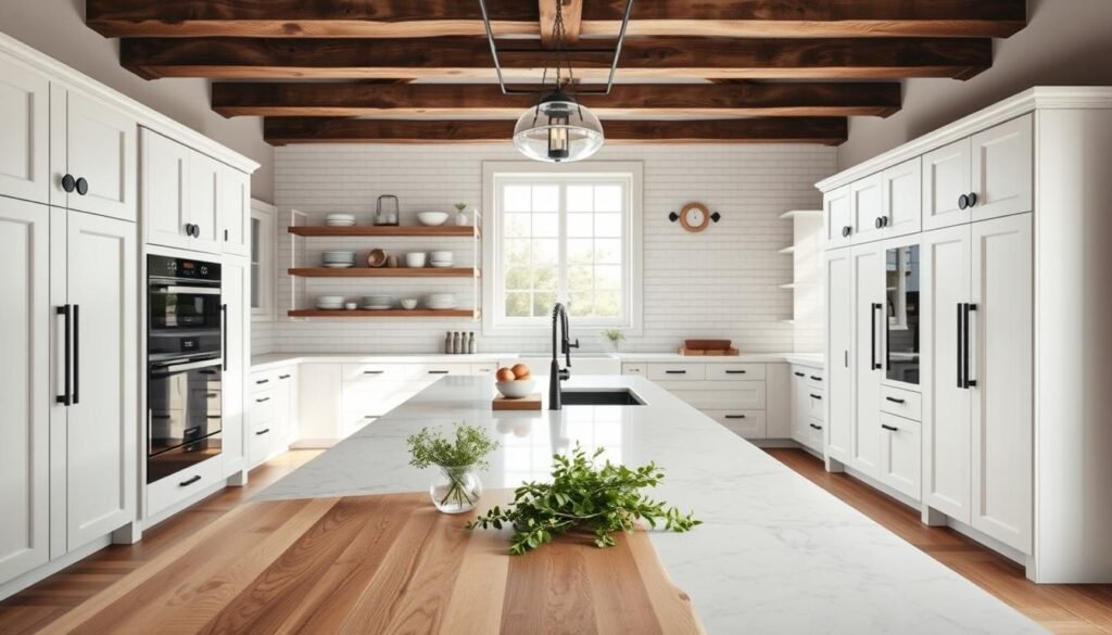 A modern farmhouse kitchen design featuring a spacious layout with a large central island. In the foreground, a polished wooden island topped with white marble, adorned with fresh herbs and a set of stylish kitchen utensils. In the middle, sleek white cabinetry with black handles, open shelves displaying rustic dishware, and a charming farmhouse sink beneath a large window. The background includes rustic exposed beams and soft lighting fixtures, complemented by natural light streaming in, creating a warm and inviting atmosphere. The color palette blends soft grays, whites, and wood tones, embodying a contemporary yet cozy aesthetic. Capture the scene from a slightly elevated angle to highlight the openness and functionality of the space. A modern farmhouse kitchen design featuring a spacious layout with a large central island. In the foreground, a polished wooden island topped with white marble, adorned with fresh herbs and a set of stylish kitchen utensils. In the middle, sleek white cabinetry with black handles, open shelves displaying rustic dishware, and a charming farmhouse sink beneath a large window. The background includes rustic exposed beams and soft lighting fixtures, complemented by natural light streaming in, creating a warm and inviting atmosphere. The color palette blends soft grays, whites, and wood tones, embodying a contemporary yet cozy aesthetic. Capture the scene from a slightly elevated angle to highlight the openness and functionality of the space.
