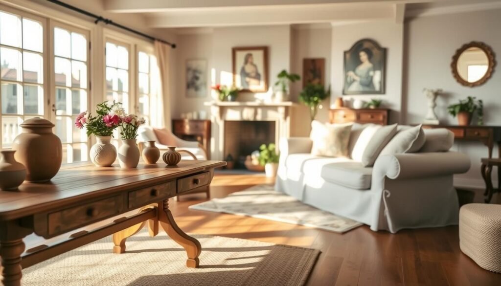 A serene French country cottage living room in the midst of a decor transformation. In the foreground, a vintage wooden table set with rustic pottery and fresh flowers, while a soft, woven rug lies beneath. The middle features a cozy seating area with an elegant, slipcovered sofa adorned with pastel cushions and a patchwork quilt. Light streams in through large, French windows, casting warm shadows on the refinished hardwood floors. The background showcases a charming fireplace with an antique mantel, surrounded by potted greenery and vintage artwork. Soft, natural light creates an inviting and tranquil atmosphere, embodying the essence of simple elegance. The scene has a slightly blurred depth of field, emphasizing the warmth and charm of the French country style.