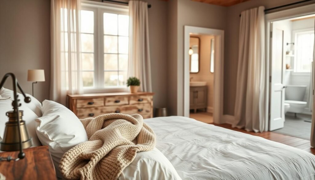 A serene modern farmhouse bedroom, featuring a cozy queen-sized bed layered with soft white linens and a textured knit blanket. The foreground showcases a rustic wooden bedside table holding a vintage lamp and a small potted plant. In the middle ground, a stylish dresser with a distressed finish complements large windows draped with sheer curtains, allowing warm, natural light to flood the space. The background reveals a glimpse of a chic bathroom through a simple doorway, highlighting neutral tones and elegant fixtures. The room exudes a calm and inviting atmosphere with earthy accents, warm wood tones, and subtle greenery, evoking a sense of contemporary comfort. Capture the scene using a soft focus lens at a slight angle for a welcoming perspective. A serene modern farmhouse bedroom, featuring a cozy queen-sized bed layered with soft white linens and a textured knit blanket. The foreground showcases a rustic wooden bedside table holding a vintage lamp and a small potted plant. In the middle ground, a stylish dresser with a distressed finish complements large windows draped with sheer curtains, allowing warm, natural light to flood the space. The background reveals a glimpse of a chic bathroom through a simple doorway, highlighting neutral tones and elegant fixtures. The room exudes a calm and inviting atmosphere with earthy accents, warm wood tones, and subtle greenery, evoking a sense of contemporary comfort. Capture the scene using a soft focus lens at a slight angle for a welcoming perspective.