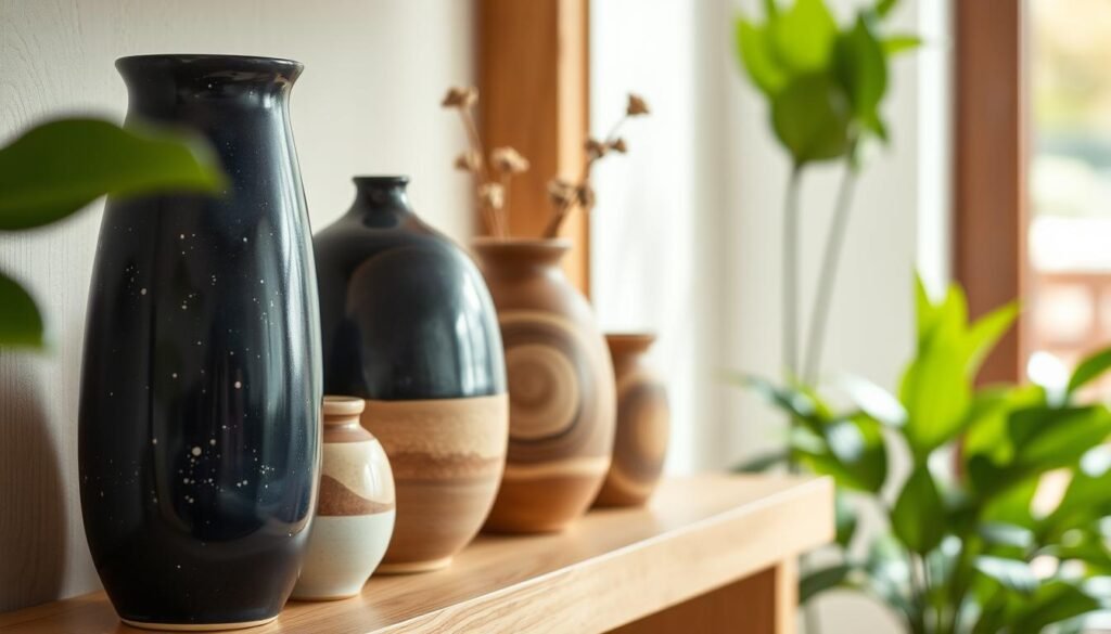 A stunning collection of handcrafted ceramic vases displayed elegantly on a wooden shelf. The foreground features a striking tall vase with a smooth, glossy finish, showcasing a deep indigo color adorned with subtle white speckles. Next to it, a round, earthy-toned vase exhibits an intricate swirling pattern, while a smaller, rustic vase with a matte finish holds a few delicate dried flowers. In the middle ground, a soft, natural light filters through a nearby window, casting gentle shadows and highlighting the textures of the ceramics. In the background, blurred greenery adds warmth and life, creating an inspiring atmosphere ideal for home décor. The overall mood is serene, artistic, and inviting, evoking a sense of creativity and functionality in interior design.