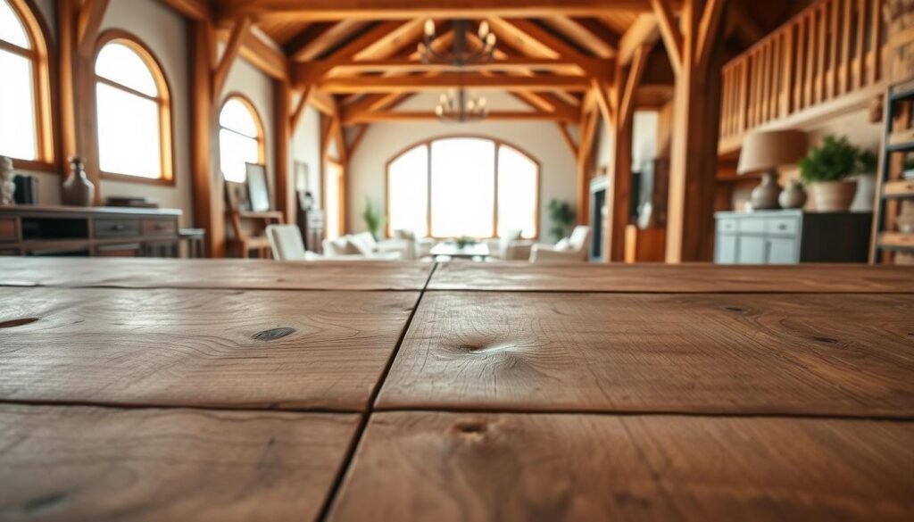 A warm, inviting interior scene showcasing elegant wood beams and rich reclaimed wood textures. In the foreground, smooth timber planks are displayed with visible knots and unique grain patterns, reflecting natural imperfections. The middle ground reveals a spacious, open living area featuring vaulted ceilings supported by robust wooden beams that create a sense of height and airiness. Soft, diffused sunlight filters through large windows, casting gentle shadows and highlighting the warmth of the wood. The background hints at rustic decor elements like vintage furniture and greenery, enhancing the cozy farmhouse aesthetic. The camera angle is slightly high, allowing for a comprehensive view of the textures and materials, evoking a sense of comfort and authenticity in modern farmhouse design.