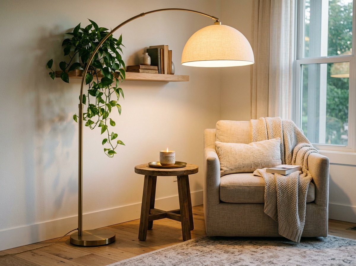 Cozy organic modern family room with linen sofa and warm layered lighting
