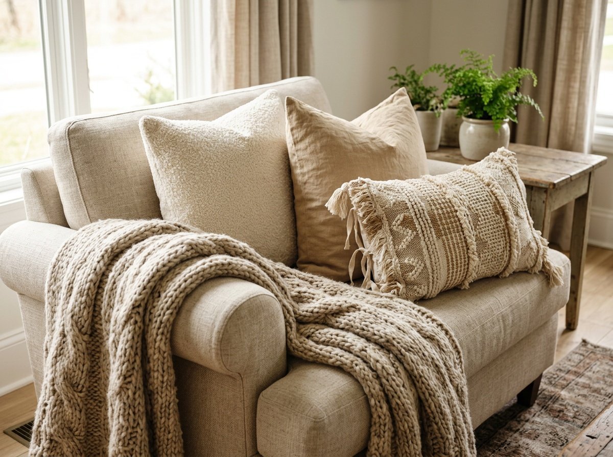 Layered throw pillows and chunky knit blanket on linen sofa