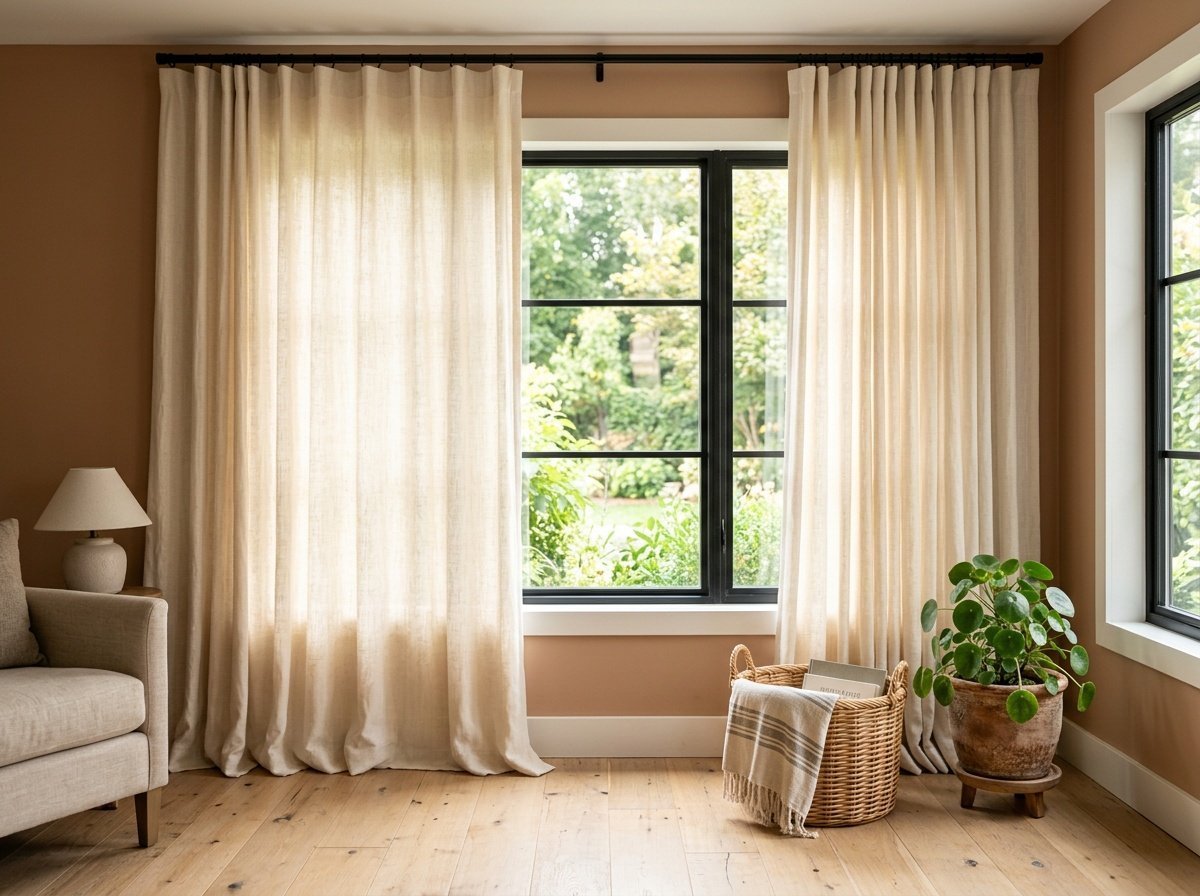 Floor-to-ceiling linen curtains hung high in warm family room