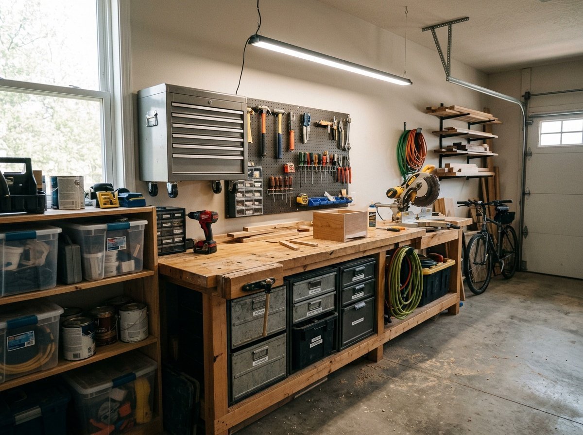 Garage Workshop Setup: Workbenches, Storage & Lighting