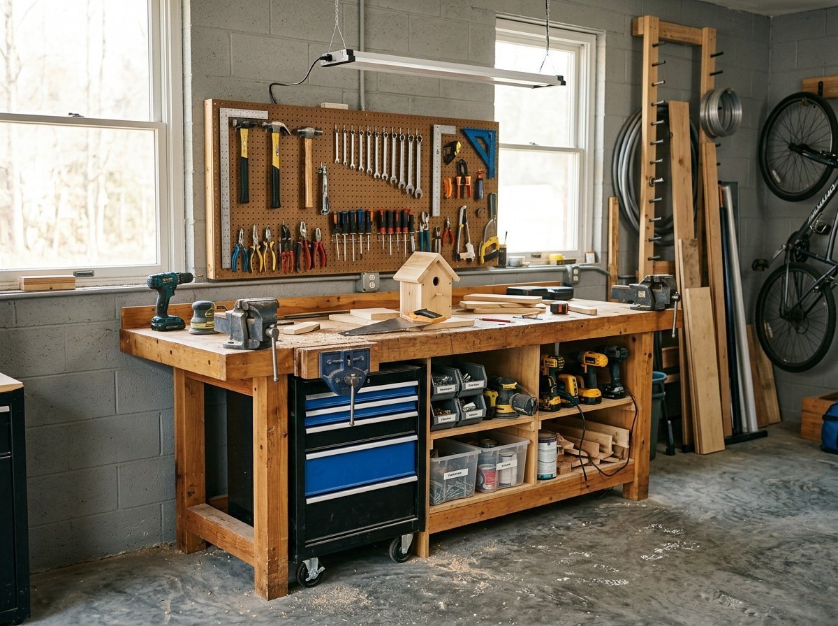 Garage Workshop Setup: Workbenches, Storage & Lighting