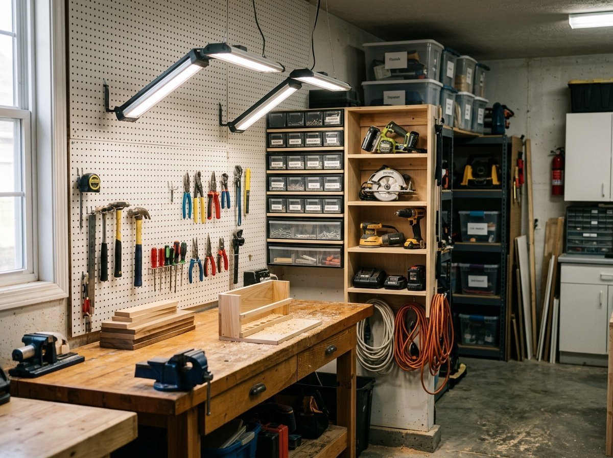 Garage Workshop Setup: Workbenches, Storage & Lighting