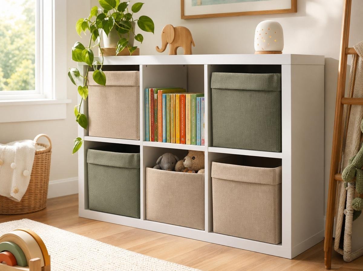 Modular toddler room cube shelving with woven bins and wooden toys