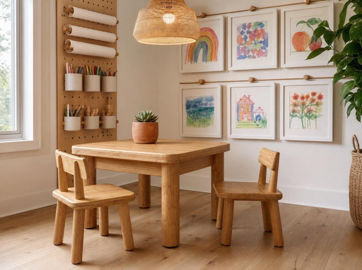 Toddler creative corner with pegboard and rotating art gallery wall