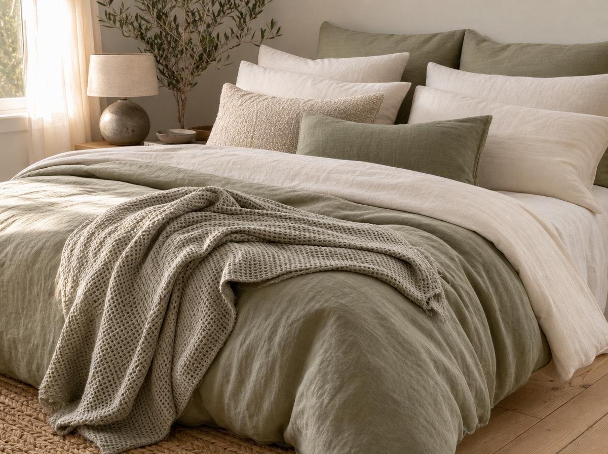 Layered linen bedding in neutral tones on a styled bed