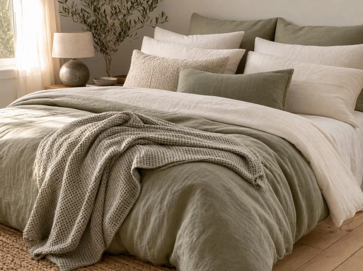 Layered linen bedding in neutral tones on a styled bed