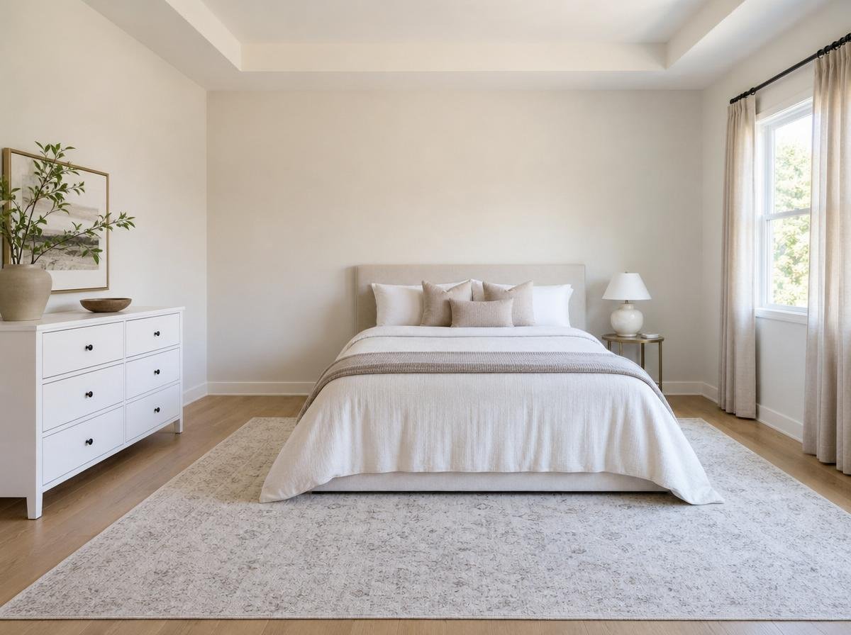 Bright airy bedroom with space-conscious furniture arrangement