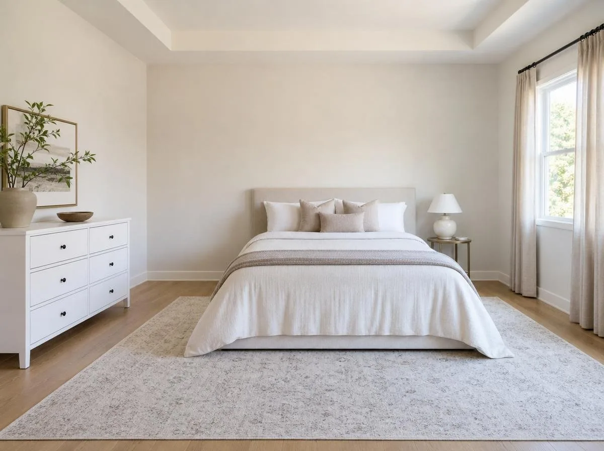 Bright airy bedroom with space-conscious furniture arrangement