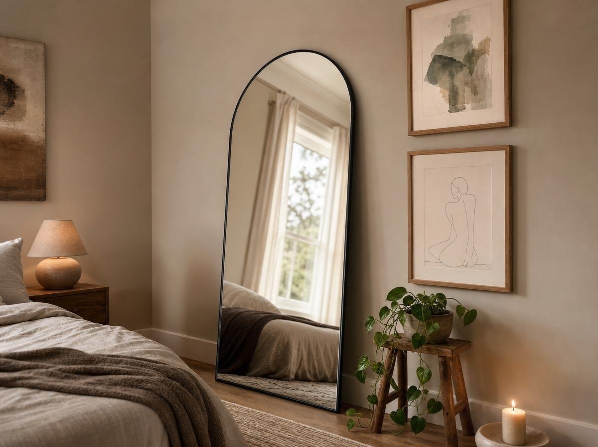 Arched leaner mirror and gallery wall in cozy bedroom corner