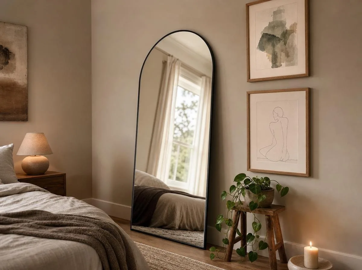Arched leaner mirror and gallery wall in cozy bedroom corner
