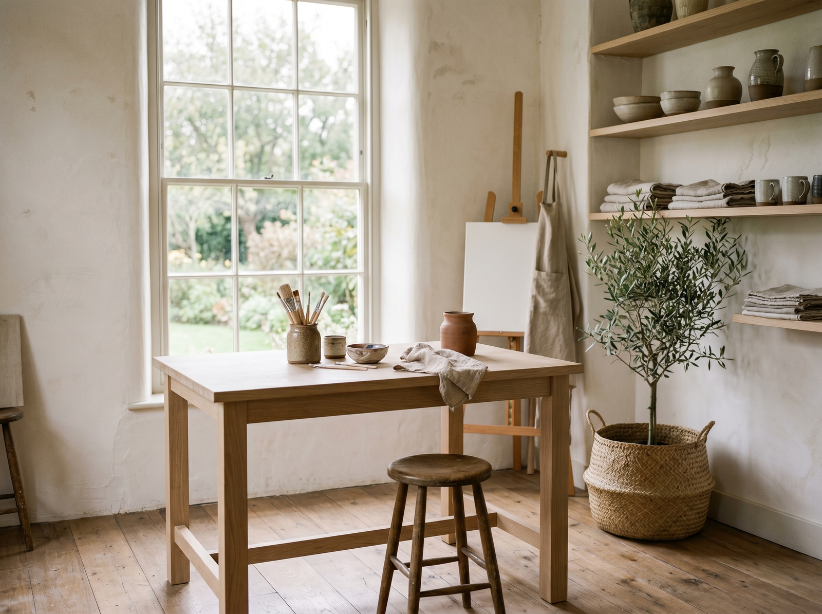 An organic modern she shed studio with an oak worktable, stoneware, and an olive tree