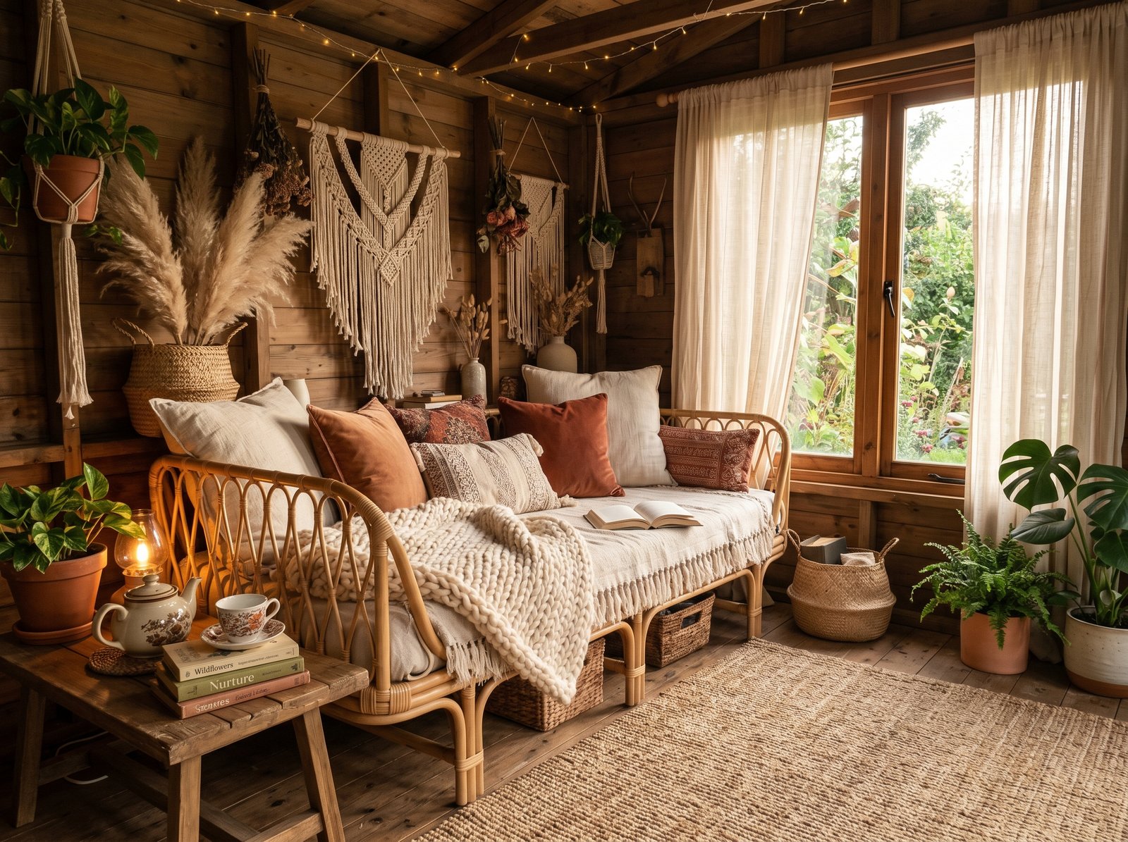 A boho she shed reading nook with a rattan daybed, knit throw, and string lights