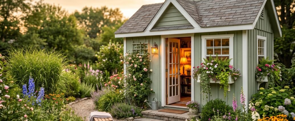 A sage-green backyard she shed with white trim and window boxes glowing warmly at dusk