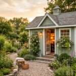 A sage-green backyard she shed with white trim and window boxes glowing warmly at dusk