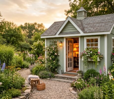 A sage-green backyard she shed with white trim and window boxes glowing warmly at dusk