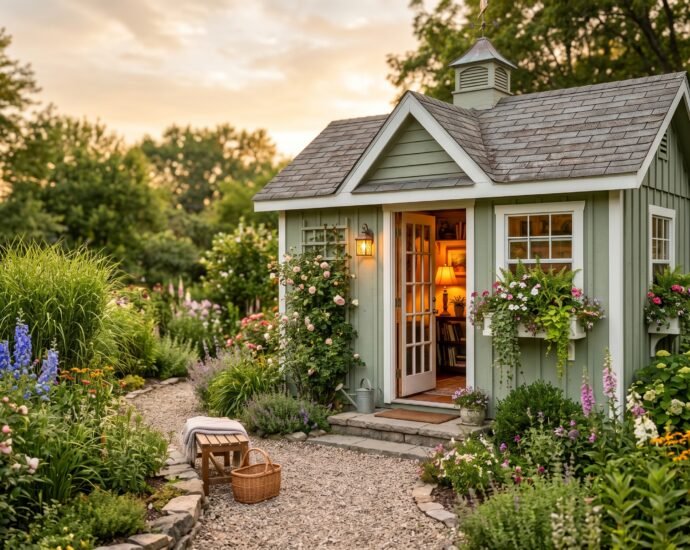 A sage-green backyard she shed with white trim and window boxes glowing warmly at dusk