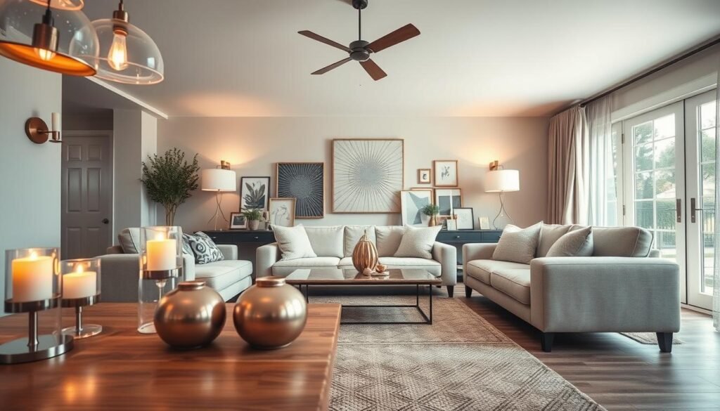 A beautifully designed modern country living room featuring creative lighting solutions, such as elegant pendant lights and soft wall sconces that cast warm tones. The foreground includes a cozy wooden coffee table with metallic accents, like sleek candle holders and a shimmering vase. In the middle, plush sofas adorned with neutral fabrics sit on a textured rug, surrounded by strategically placed metallic decor elements, such as an eye-catching wall art piece and metallic frames. The background showcases large windows allowing natural light to filter in, paired with delicate sheer curtains. The overall atmosphere is warm and inviting, reflecting a contemporary yet rustic charm, captured with a soft focus to enhance the cozy ambiance. A beautifully designed modern country living room featuring creative lighting solutions, such as elegant pendant lights and soft wall sconces that cast warm tones. The foreground includes a cozy wooden coffee table with metallic accents, like sleek candle holders and a shimmering vase. In the middle, plush sofas adorned with neutral fabrics sit on a textured rug, surrounded by strategically placed metallic decor elements, such as an eye-catching wall art piece and metallic frames. The background showcases large windows allowing natural light to filter in, paired with delicate sheer curtains. The overall atmosphere is warm and inviting, reflecting a contemporary yet rustic charm, captured with a soft focus to enhance the cozy ambiance.