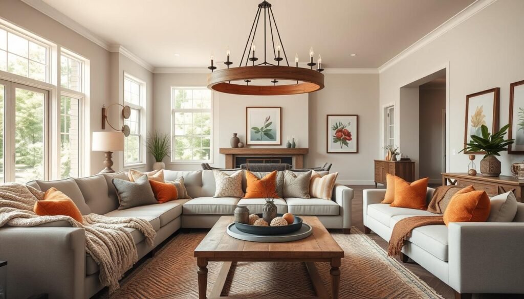 A beautifully designed modern farmhouse living room, highlighting a blend of traditional and contemporary elements. In the foreground, a cozy sectional sofa draped with soft, textured blankets, adorned with vibrant scatter cushions. A stylish coffee table features artisanal decor pieces and a rustic centerpiece. In the middle ground, a large, open space showcases a striking chandelier made of reclaimed wood, casting warm light across the room. The walls are painted in soft neutrals and decorated with framed botanical art. In the background, tall windows allow natural light to flood in, revealing a view of lush greenery outside. The atmosphere is inviting and serene, with an overall sense of harmony and style, captured from a slightly elevated angle to showcase depth and layout. A beautifully designed modern farmhouse living room, highlighting a blend of traditional and contemporary elements. In the foreground, a cozy sectional sofa draped with soft, textured blankets, adorned with vibrant scatter cushions. A stylish coffee table features artisanal decor pieces and a rustic centerpiece. In the middle ground, a large, open space showcases a striking chandelier made of reclaimed wood, casting warm light across the room. The walls are painted in soft neutrals and decorated with framed botanical art. In the background, tall windows allow natural light to flood in, revealing a view of lush greenery outside. The atmosphere is inviting and serene, with an overall sense of harmony and style, captured from a slightly elevated angle to showcase depth and layout.