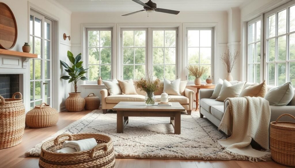 A beautifully styled farmhouse living room corner showcasing a harmonious color palette of soft whites, muted greens, and warm taupes. In the foreground, textured elements like woven baskets, distressed wood accents, and a cozy cotton throw blanket create depth. The middle features a rustic coffee table adorned with a simple vase of wildflowers, while a plush area rug adds warmth underfoot. In the background, large windows bathe the space in natural light, revealing views of lush greenery outside. The composition captures a serene and inviting atmosphere, emphasizing the elegance of farmhouse decor. Use a wide-angle lens to enhance the spacious feel, with soft, diffused lighting to create a calm and soothing ambiance. A beautifully styled farmhouse living room corner showcasing a harmonious color palette of soft whites, muted greens, and warm taupes. In the foreground, textured elements like woven baskets, distressed wood accents, and a cozy cotton throw blanket create depth. The middle features a rustic coffee table adorned with a simple vase of wildflowers, while a plush area rug adds warmth underfoot. In the background, large windows bathe the space in natural light, revealing views of lush greenery outside. The composition captures a serene and inviting atmosphere, emphasizing the elegance of farmhouse decor. Use a wide-angle lens to enhance the spacious feel, with soft, diffused lighting to create a calm and soothing ambiance.