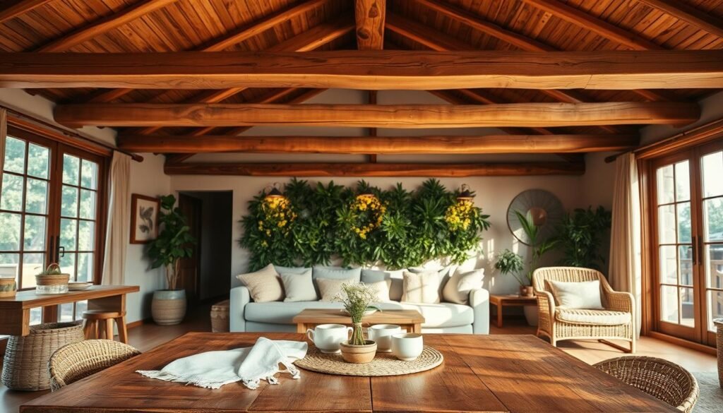 A cozy and inviting interior scene featuring exposed wooden beams across the ceiling, showcasing rich, warm tones of natural wood. The foreground includes a rustic wooden dining table, dressed with a simple yet elegant arrangement of soft linen and natural elements like small potted plants and artisanal ceramics. In the middle ground, a comfortable seating area with textured cushions and woven rugs adds warmth and comfort, emphasizing the natural textures. The background reveals a wall adorned with greenery and soft lighting that creates an inviting ambiance. A cozy and inviting interior scene featuring exposed wooden beams across the ceiling, showcasing rich, warm tones of natural wood. The foreground includes a rustic wooden dining table, dressed with a simple yet elegant arrangement of soft linen and natural elements like small potted plants and artisanal ceramics. In the middle ground, a comfortable seating area with textured cushions and woven rugs adds warmth and comfort, emphasizing the natural textures. The background reveals a wall adorned with greenery and soft lighting that creates an inviting ambiance.