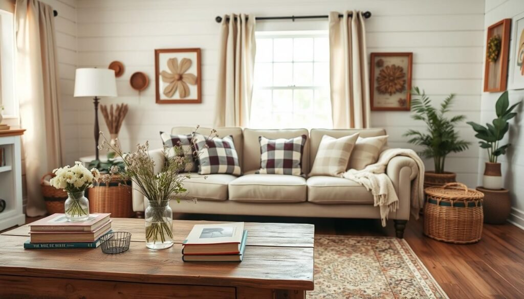 A cozy budget farmhouse living room filled with charming decor elements. In the foreground, a rustic wooden coffee table with a simple vase of wildflowers and a stack of thrifted books. The middle features a plush, neutral-colored sofa adorned with plaid pillows and a soft knitted throw. A vintage-style area rug adds warmth underfoot. In the background, pale shiplap walls with framed art created from recycled materials, showcasing a warm color palette. Soft natural light filters through a large window adorned with linen curtains, creating an inviting atmosphere. The overall mood is relaxed and welcoming, emphasizing affordable, creative decor ideas that embody farmhouse charm. A cozy budget farmhouse living room filled with charming decor elements. In the foreground, a rustic wooden coffee table with a simple vase of wildflowers and a stack of thrifted books. The middle features a plush, neutral-colored sofa adorned with plaid pillows and a soft knitted throw. A vintage-style area rug adds warmth underfoot. In the background, pale shiplap walls with framed art created from recycled materials, showcasing a warm color palette. Soft natural light filters through a large window adorned with linen curtains, creating an inviting atmosphere. The overall mood is relaxed and welcoming, emphasizing affordable, creative decor ideas that embody farmhouse charm.